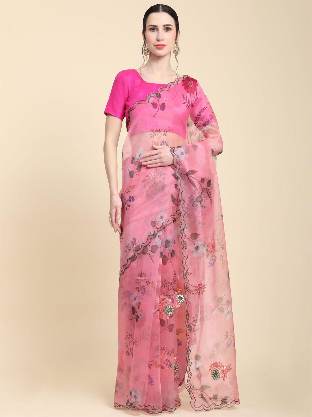 vastrasky global floral printed embroidered organza saree