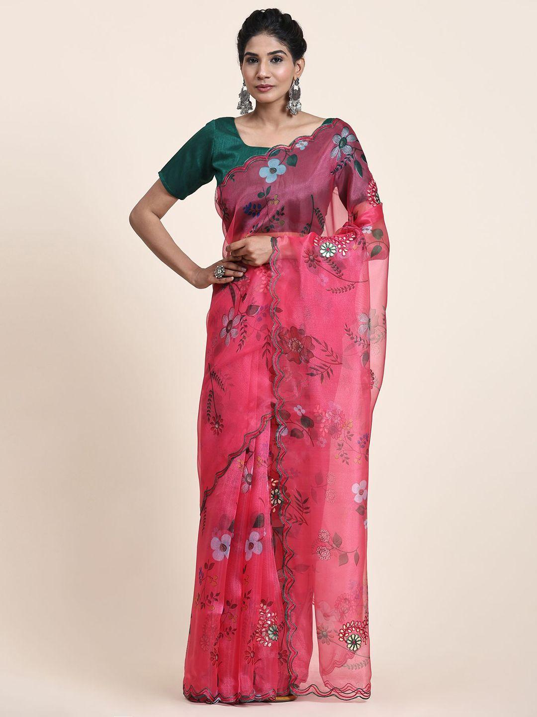 vastrasky global floral printed mirror work organza saree