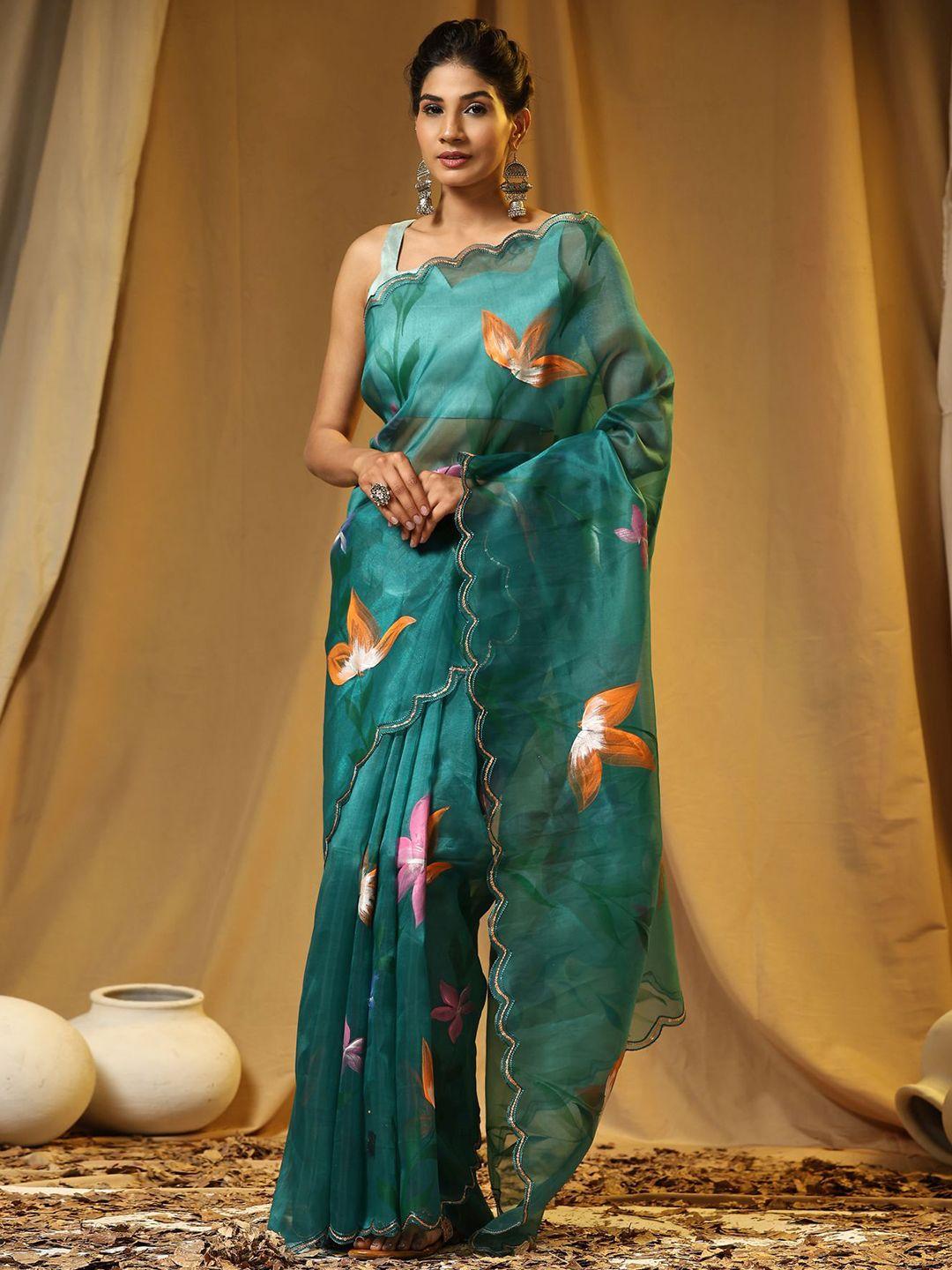 vastrasky global floral printed sequinned organza saree
