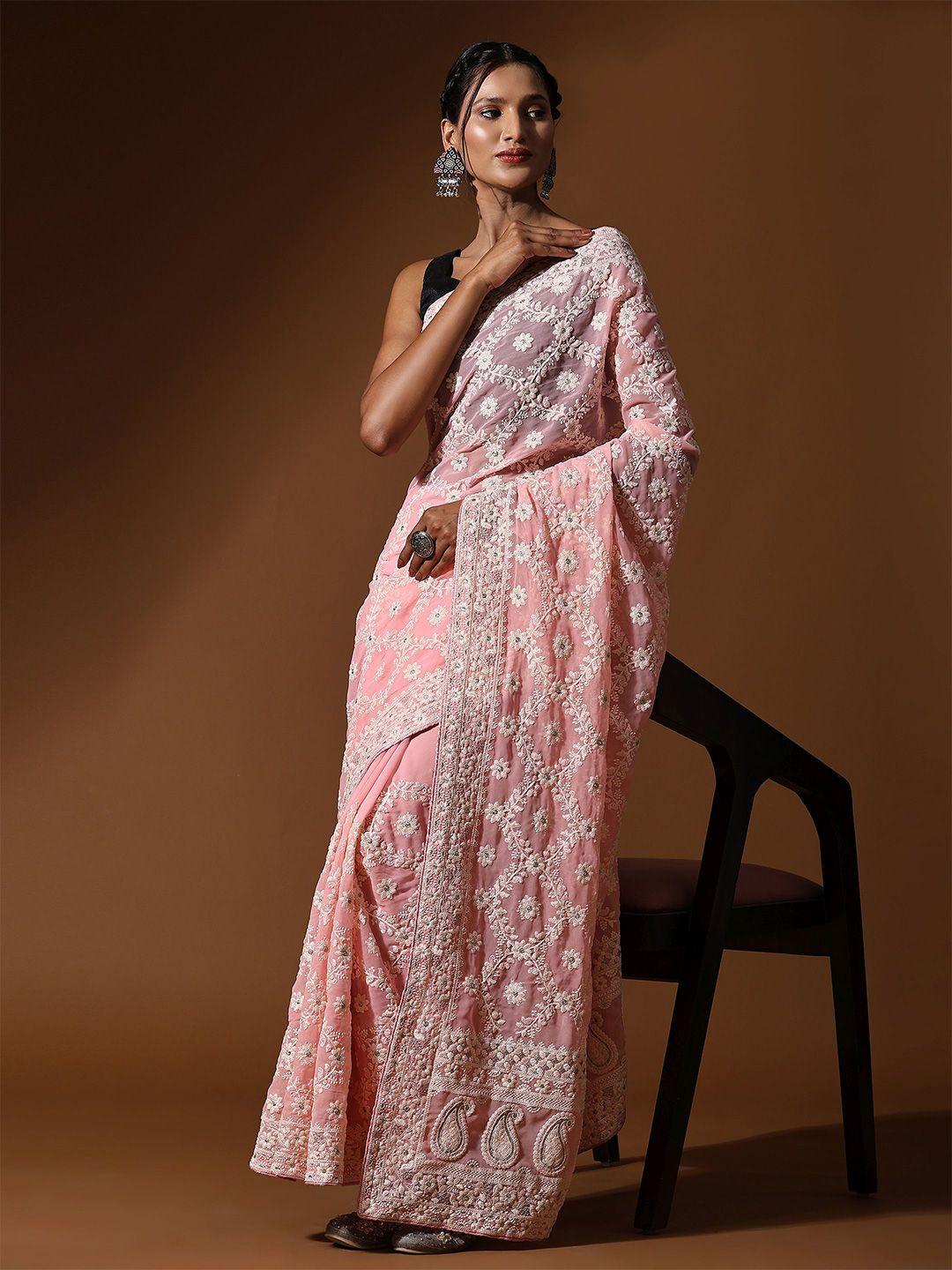 vastrasky global pink & white ethnic motifs embroidered pure georgette saree