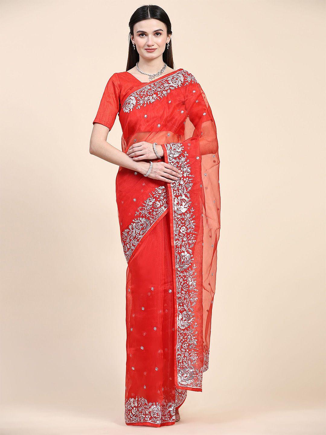 vastrasky global red & silver-toned embellished sequinned organza saree