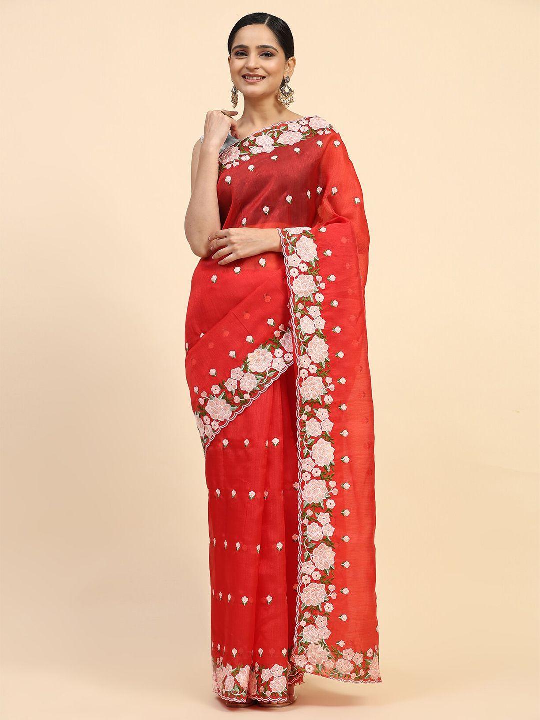 vastrasky global red embellished embroidered satin saree