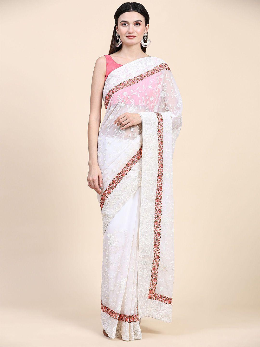 vastrasky global white & pink ethnic motifs embroidered pure georgette saree