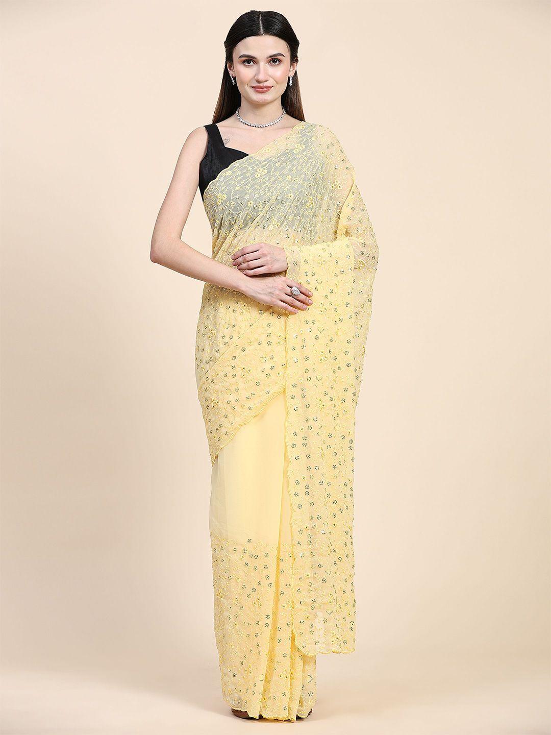 vastrasky global yellow embellished sequinned pure georgette saree