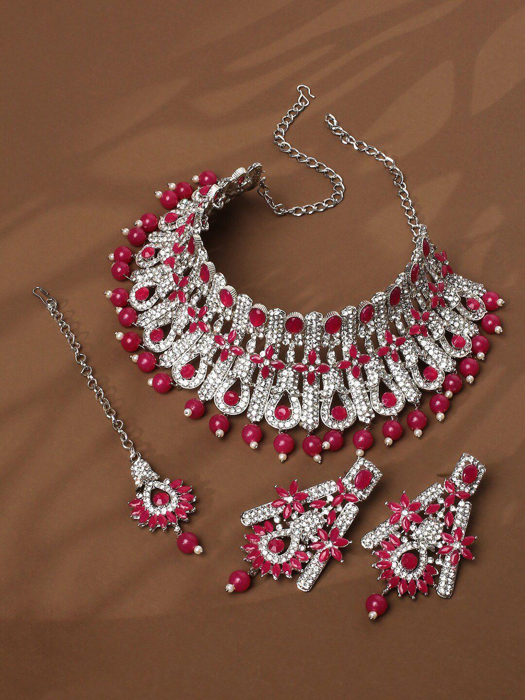 vatsalya creation rhodium-plated magenta stones & beads studded choker jewellery set