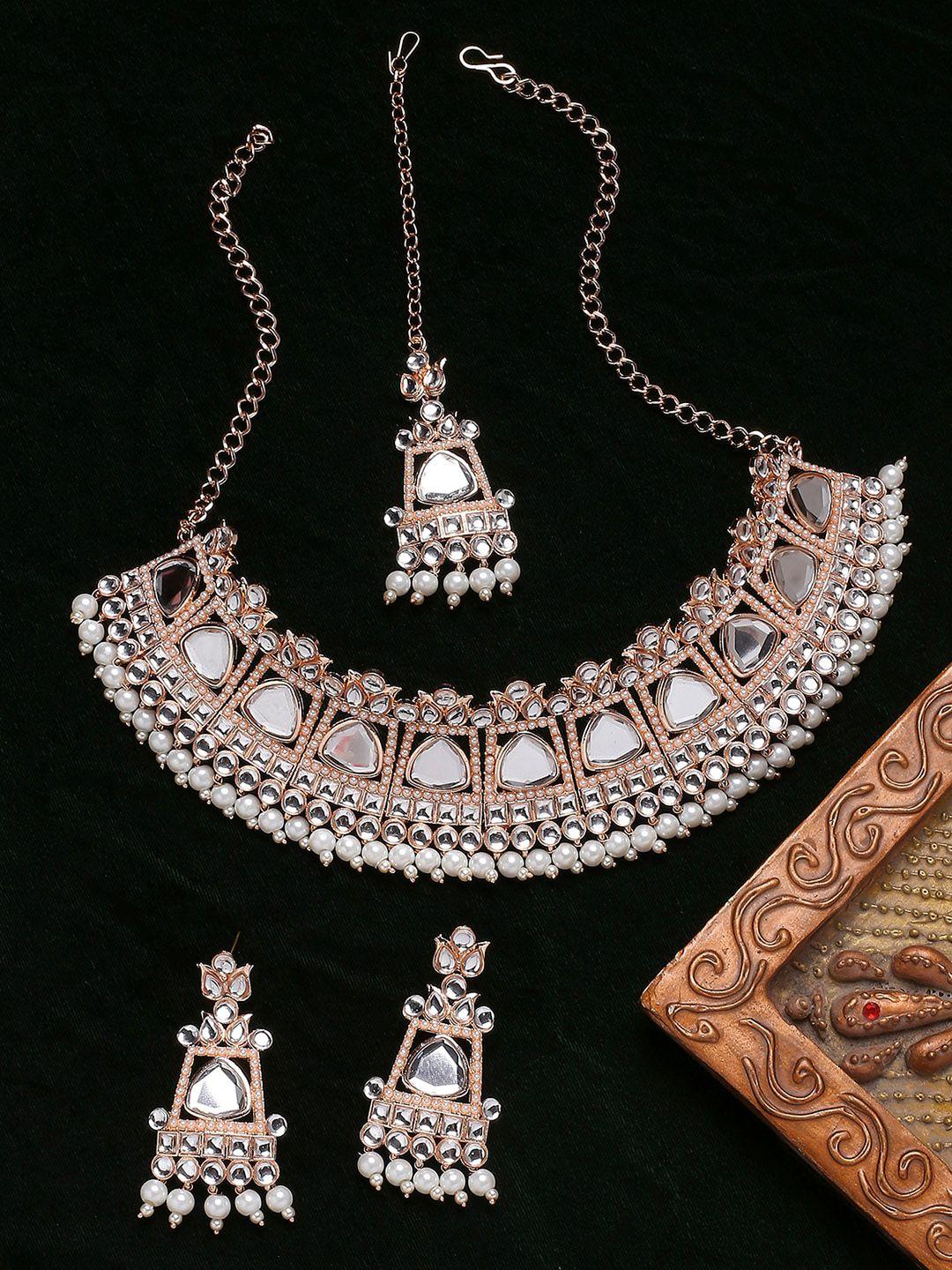 vatsalya creation rose gold-plated stone-studded & pearl beaded choker jewellery set