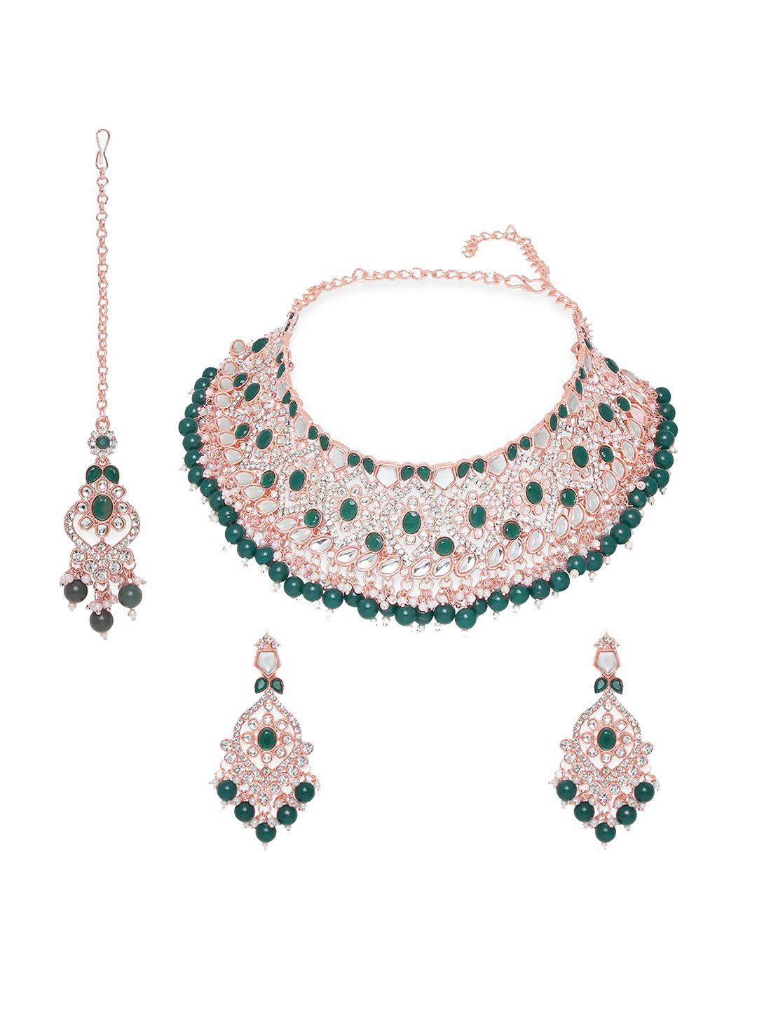vatsalya creation rose gold-plated white & green stone-studded & pearl beaded jewellery set