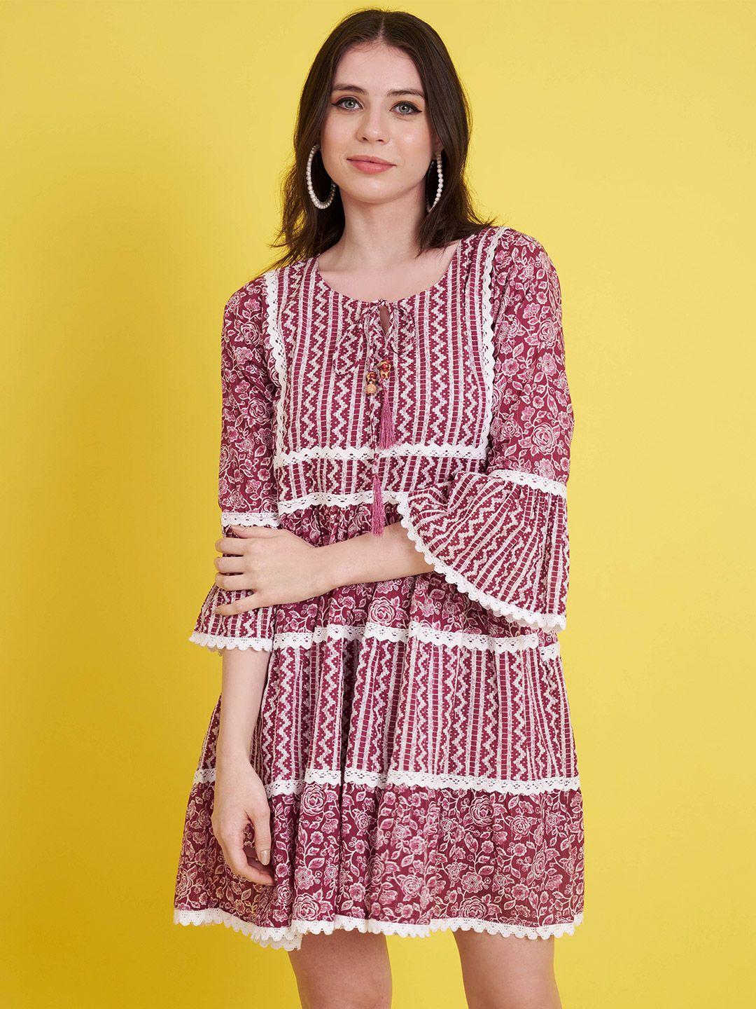 vbuyz ethnic motifs printed bell sleeves with pom-pom detail fit & flare cotton dress