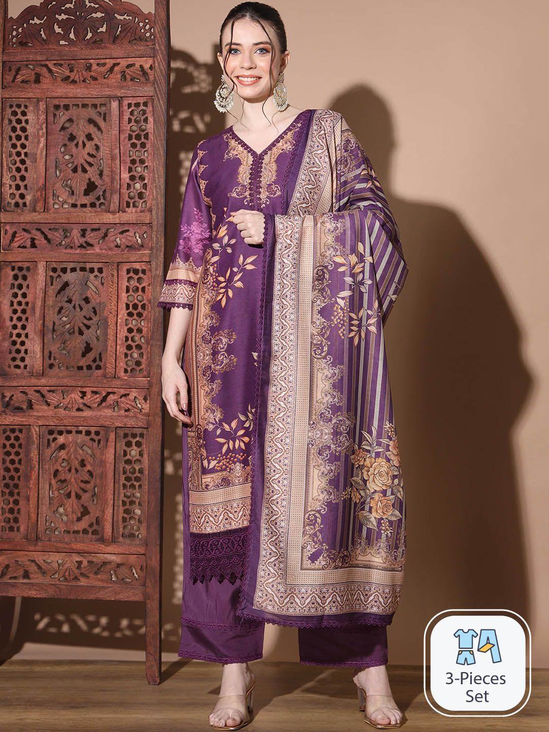 vbuyz ethnic motifs printed v-neck chanderi silk straight kurta & palazzos with dupatta
