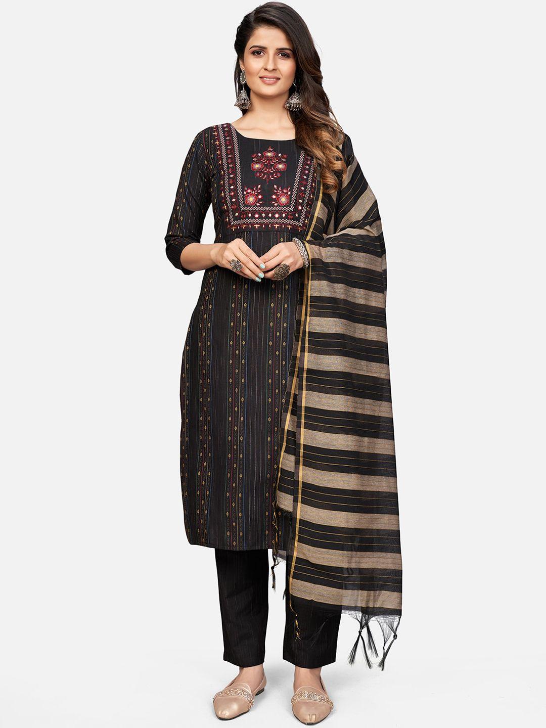 vbuyz women black floral embroidered cotton blend kurta with trousers & with dupatta