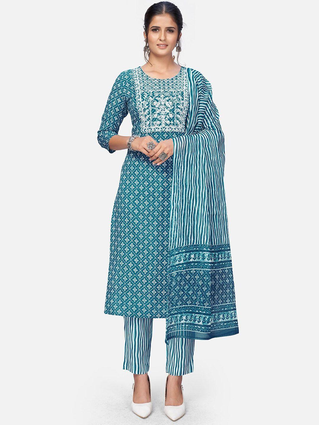 vbuyz women blue ethnic motifs printed straight kurta with trousers & dupatta