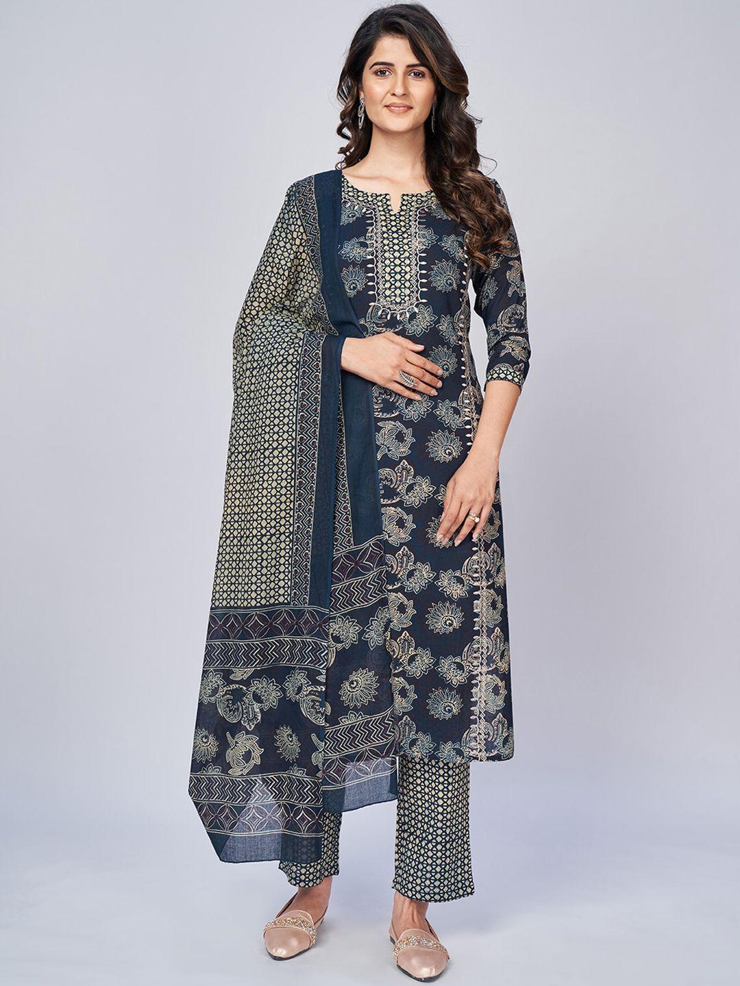 vbuyz women blue floral printed kurta with trousers & with dupatta