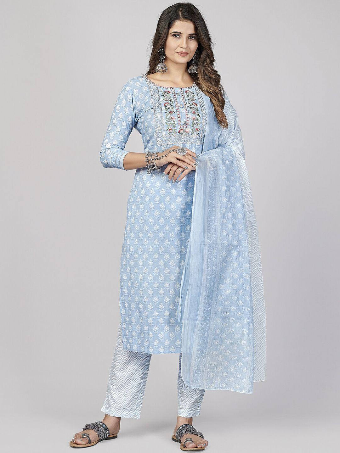vbuyz women blue printed & embroidered pure cotton kurta & trousers with dupatta