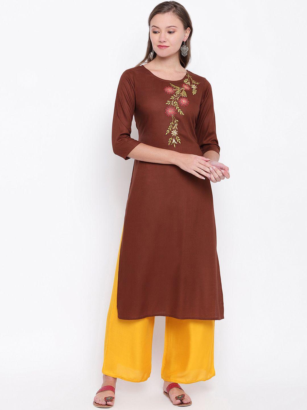 vbuyz women brown embroidered straight kurta