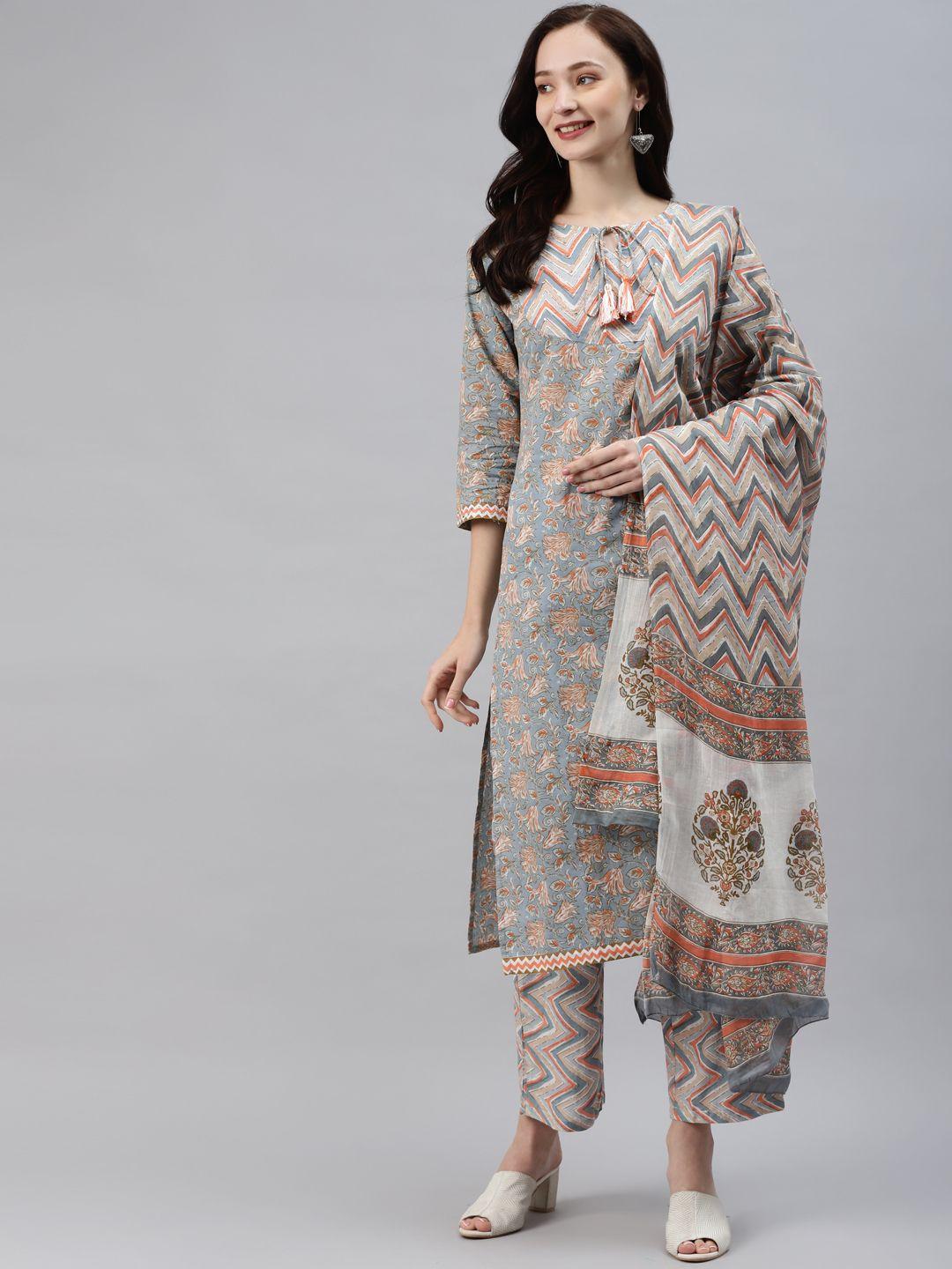 vbuyz women grey ethnic motifs printed pure cotton kurta with trousers & dupatta