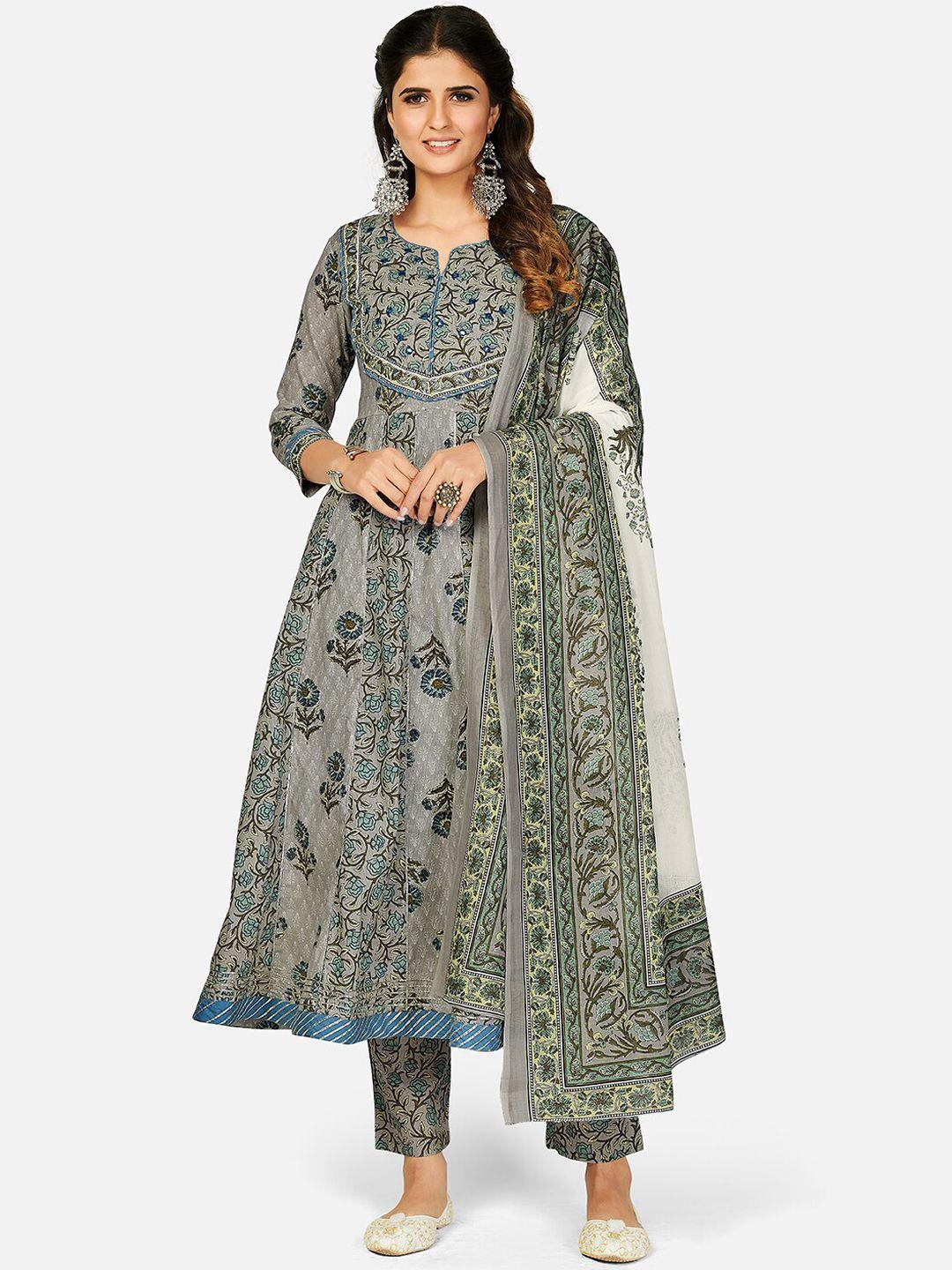 vbuyz women grey floral printed pleated pure cotton kurta with trousers & with dupatta
