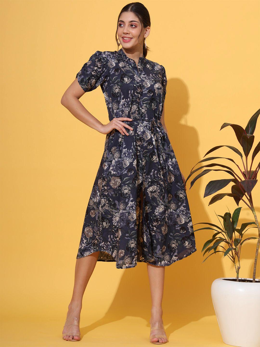 vbuyz blue floral print fit & flare midi dress