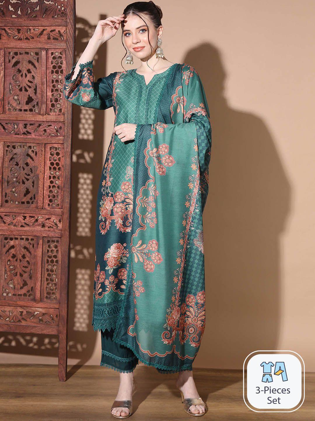 vbuyz ethnic motifs printed chanderi silk straight kurta with palazzos & dupatta