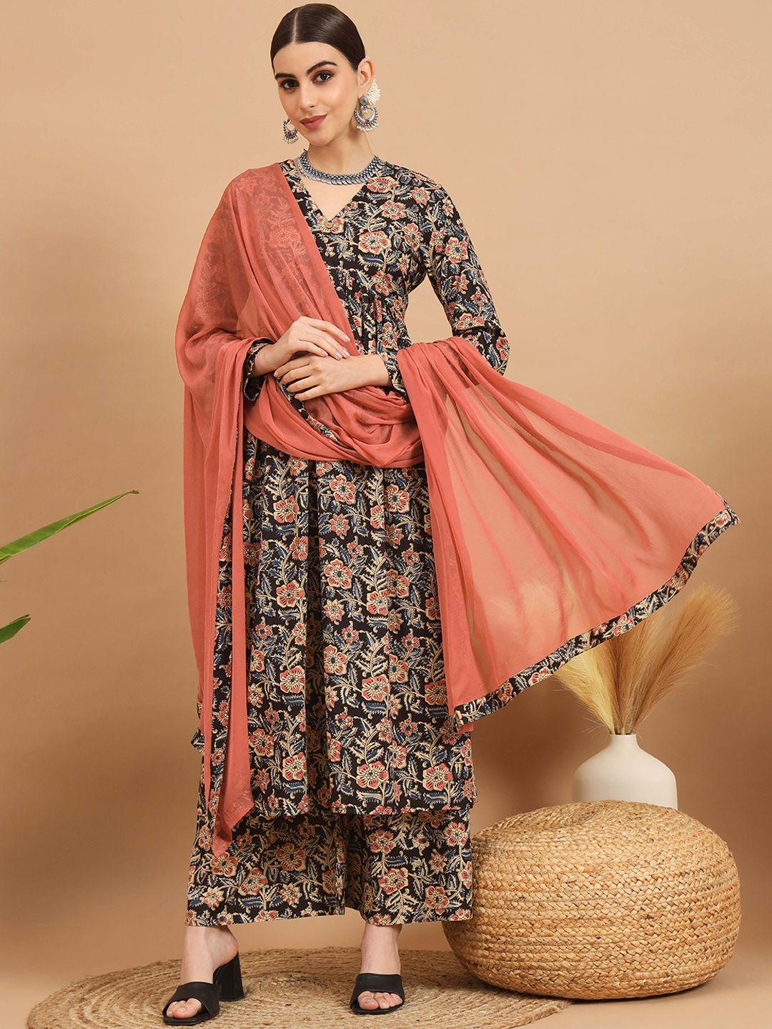 vbuyz ethnic motifs printed empire kurta & trousers with dupatta