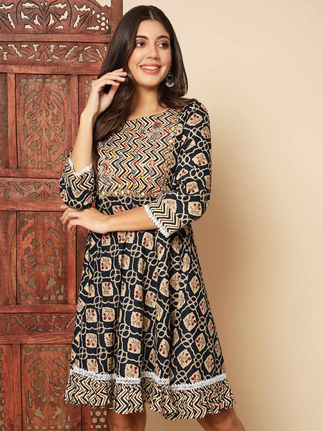 vbuyz ethnic motifs printed sequinned cotton a line dress