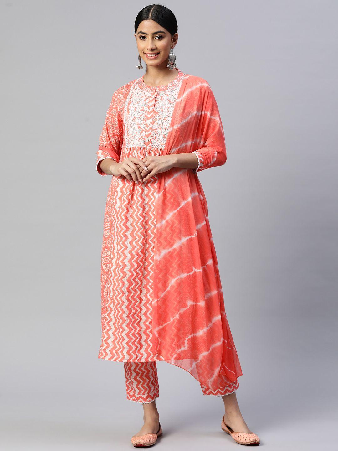 vbuyz ethnic motifs printed thread work pure cotton kurta with trousers & with dupatta