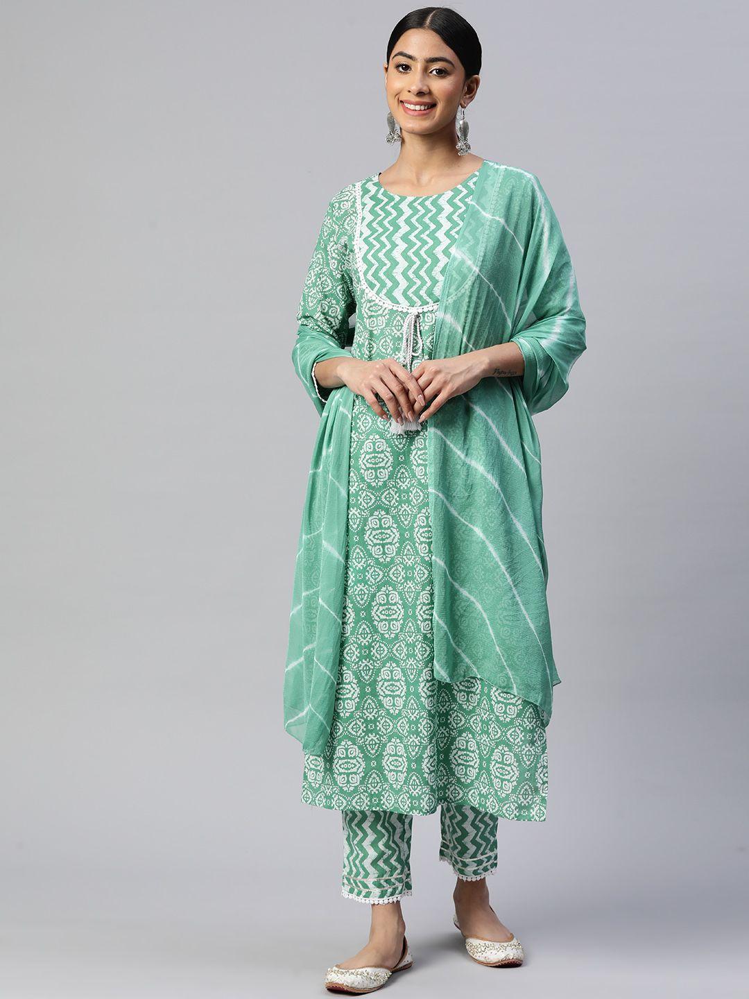 vbuyz ethnic motifs printed thread work pure cotton kurta with trousers & with dupatta