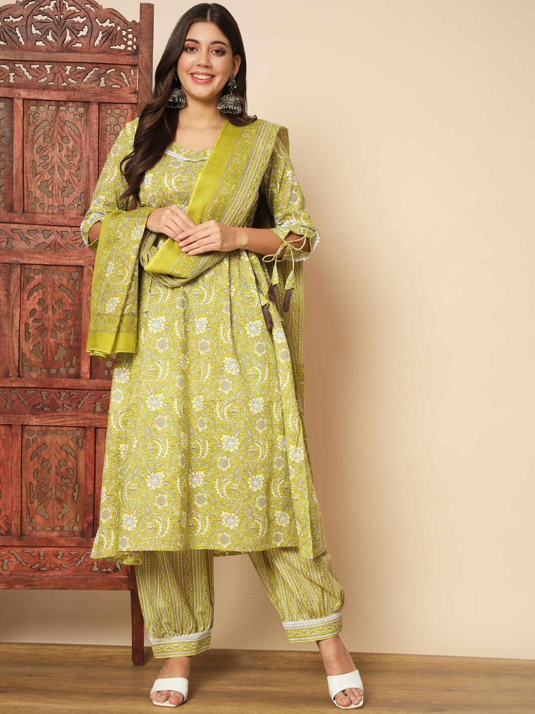 vbuyz ethnic motifs printed tie ups detail a-line kurta with salwar & dupatta