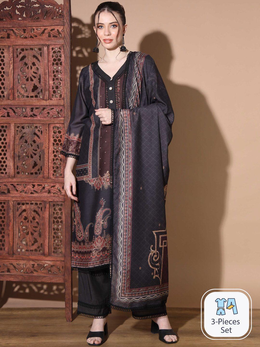 vbuyz ethnic motifs printed v-neck chanderi silk straight kurta & palazzos with dupatta