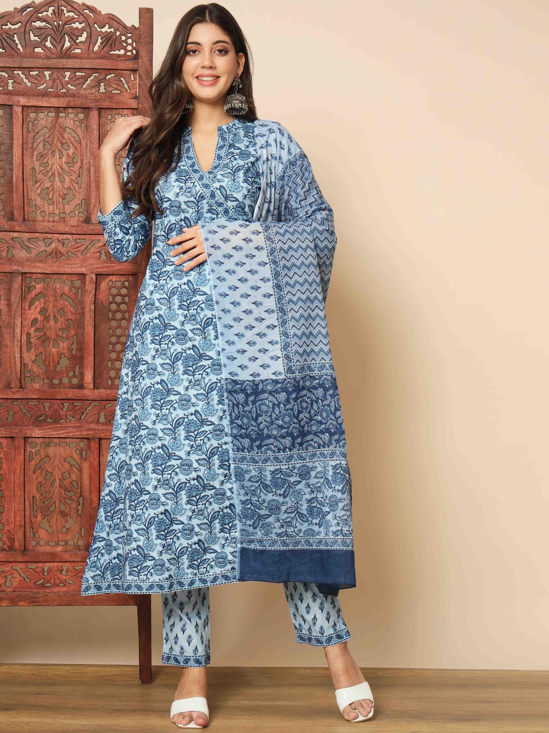 vbuyz floral printed a-line kurta with trousers & dupatta