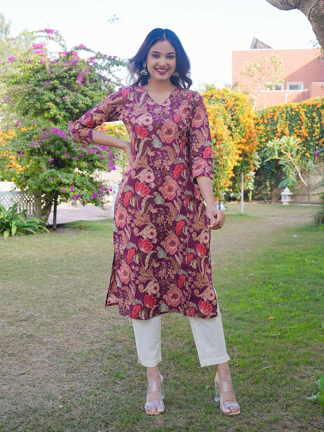 vbuyz floral printed cotton straight kurta