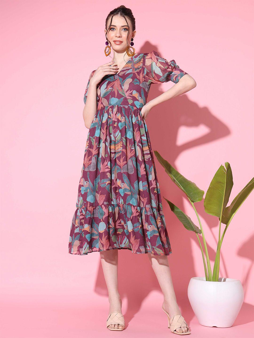 vbuyz floral printed pleated puff sleeve flounce hem fit & flare midi dress