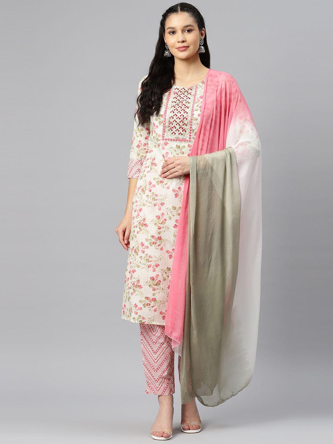 vbuyz floral printed regular mirror work pure cotton kurta with trousers & dupatta