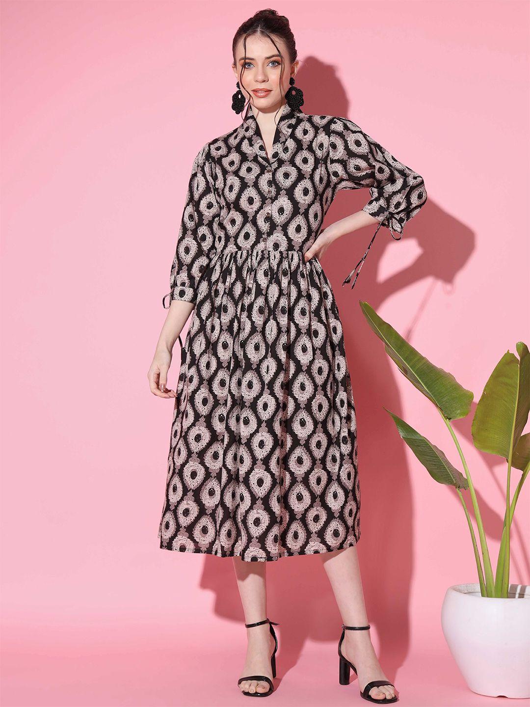 vbuyz mock collar ethnic motifs printed pleated cotton a-line midi dress