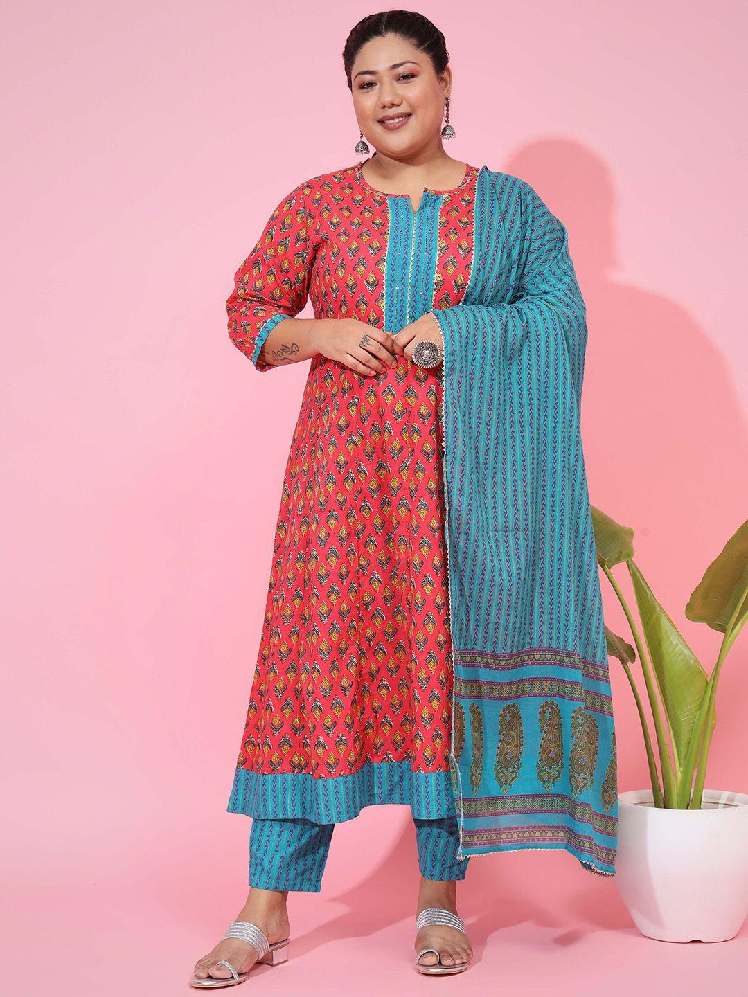 vbuyz plus size ethnic motifs printed gotta patti a line kurta with trousers & dupatta