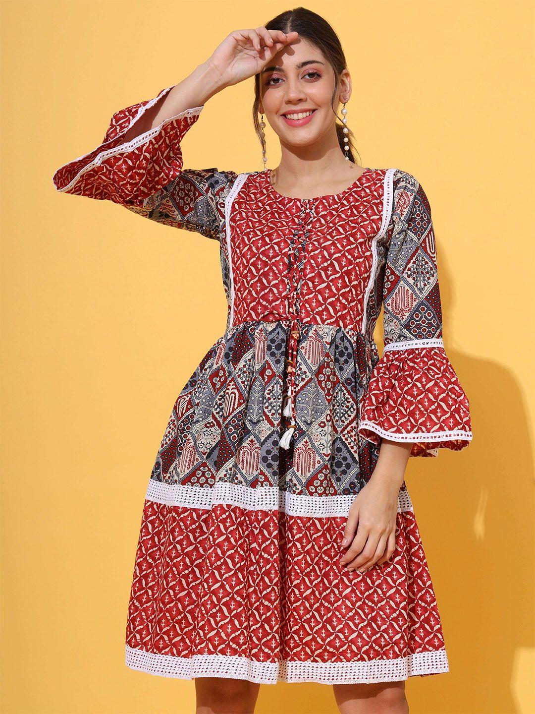 vbuyz red ethnic motifs print bell sleeve fit & flare dress