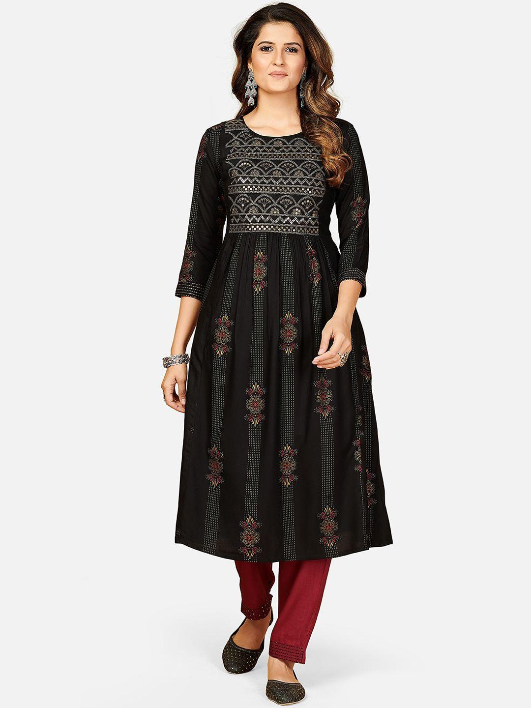 vbuyz women black & gold embroidered anarkali kurta