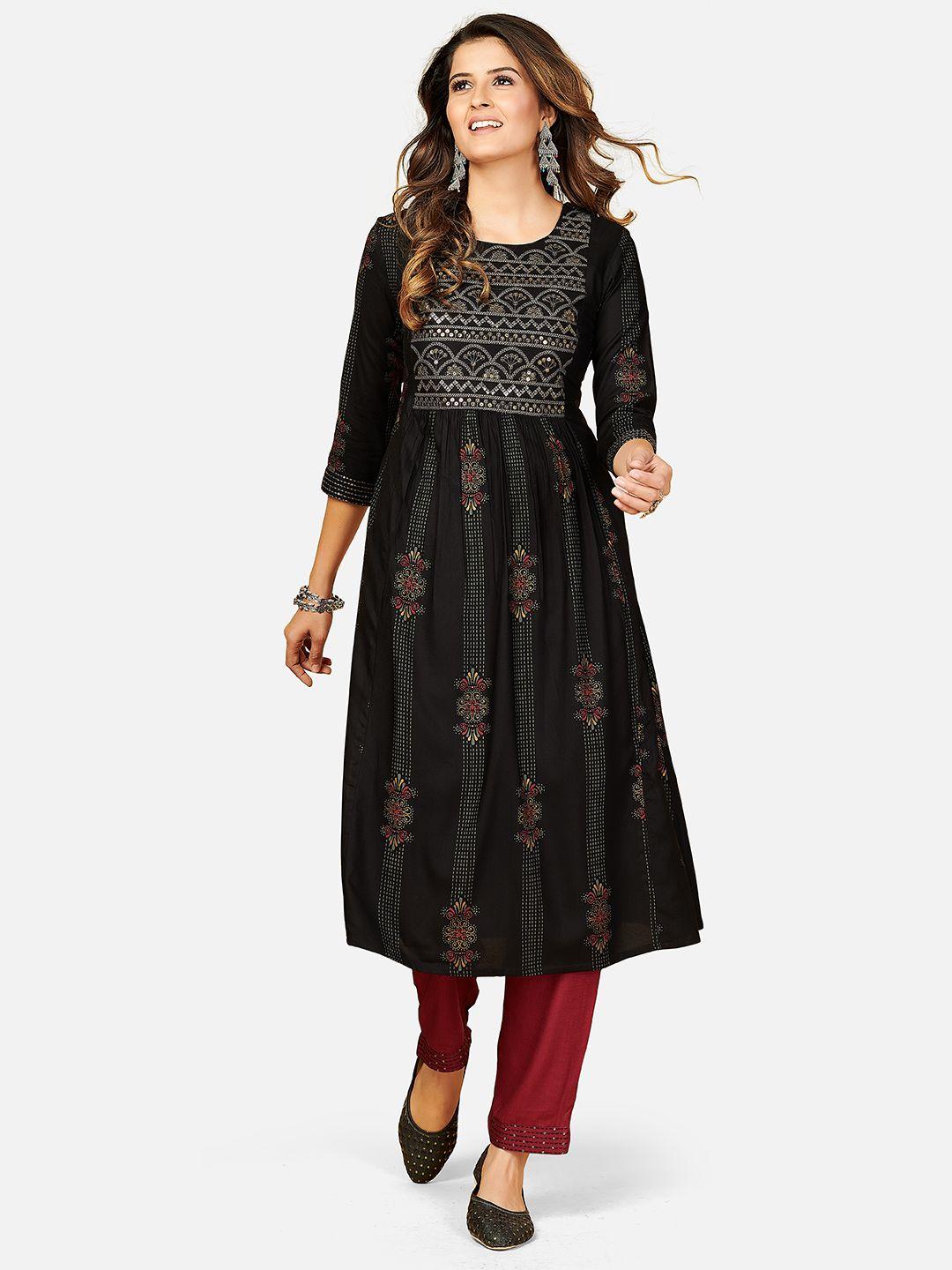 vbuyz women black & maroon floral printed pleated sequinned anarkali kurta with trousers