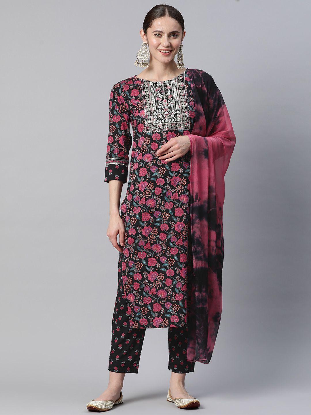 vbuyz women black floral printed gotta patti pure cotton kurta with trousers & with dupatta