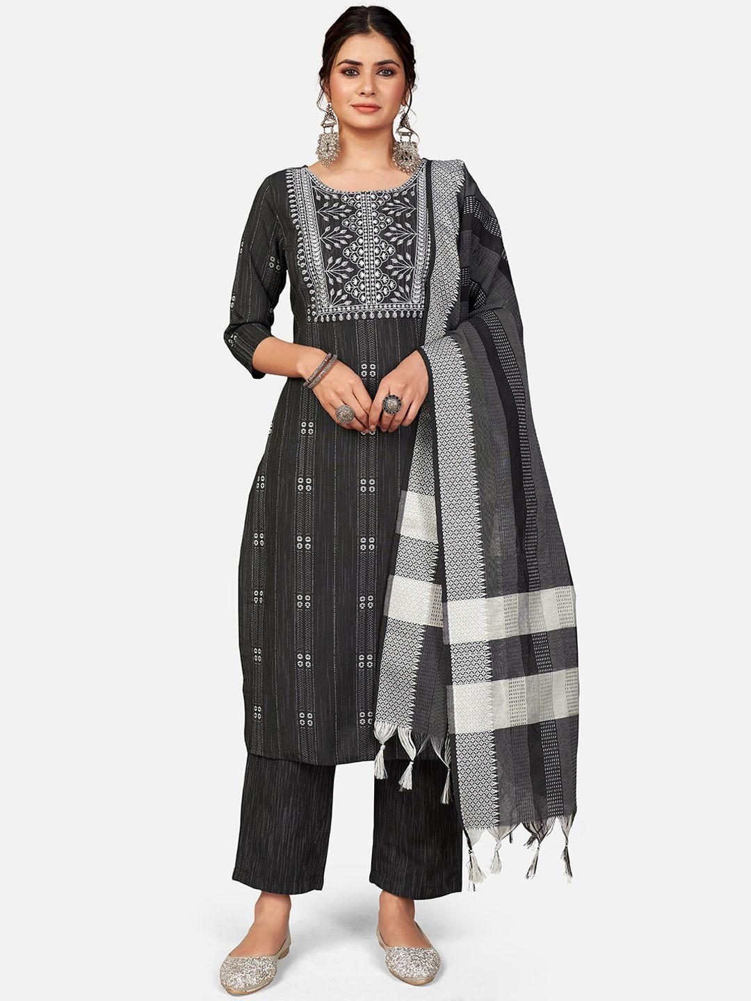 vbuyz women black printed pure cotton kurta with trousers & with dupatta