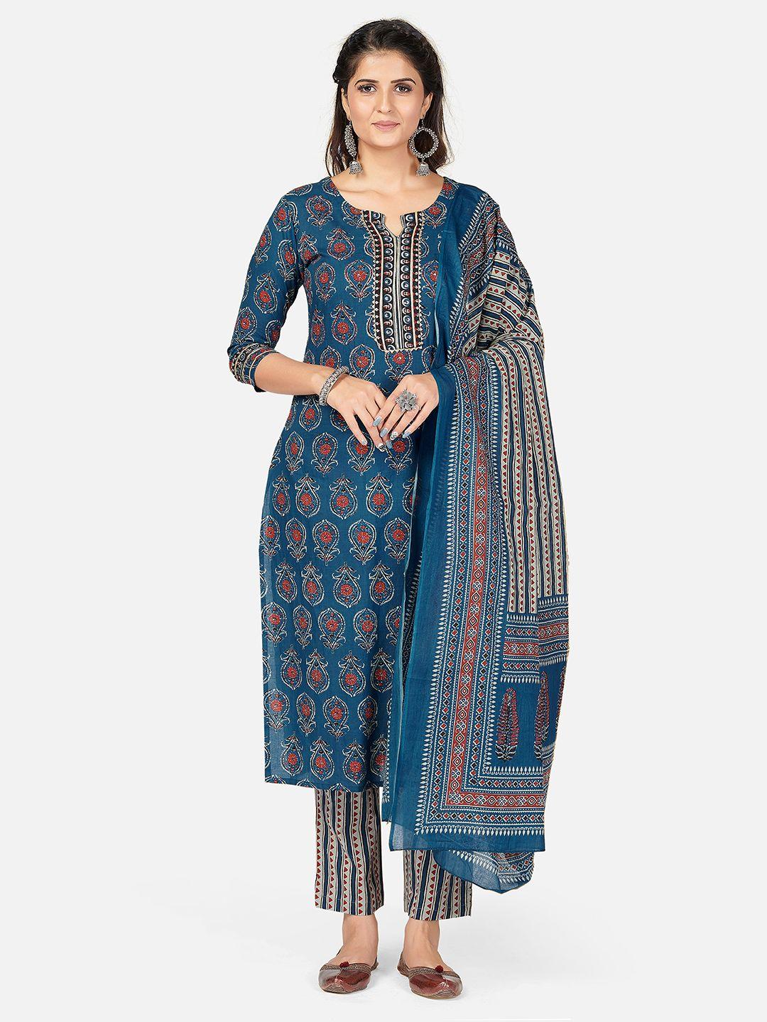 vbuyz women blue & red ethnic motifs printed regular pure cotton kurta set & dupatta