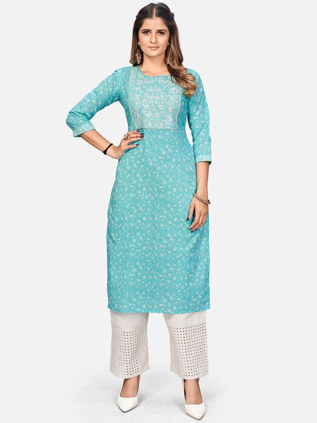 vbuyz women blue ethnic motifs printed flared sleeves kurta