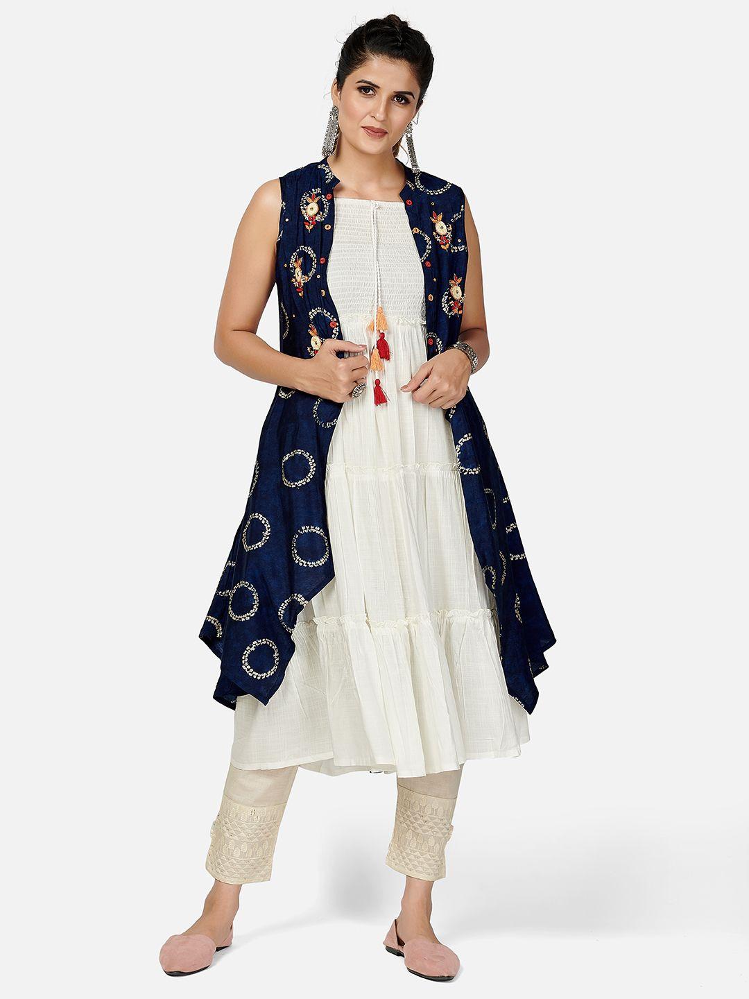 vbuyz women blue ethnic motifs printed thread work kurta