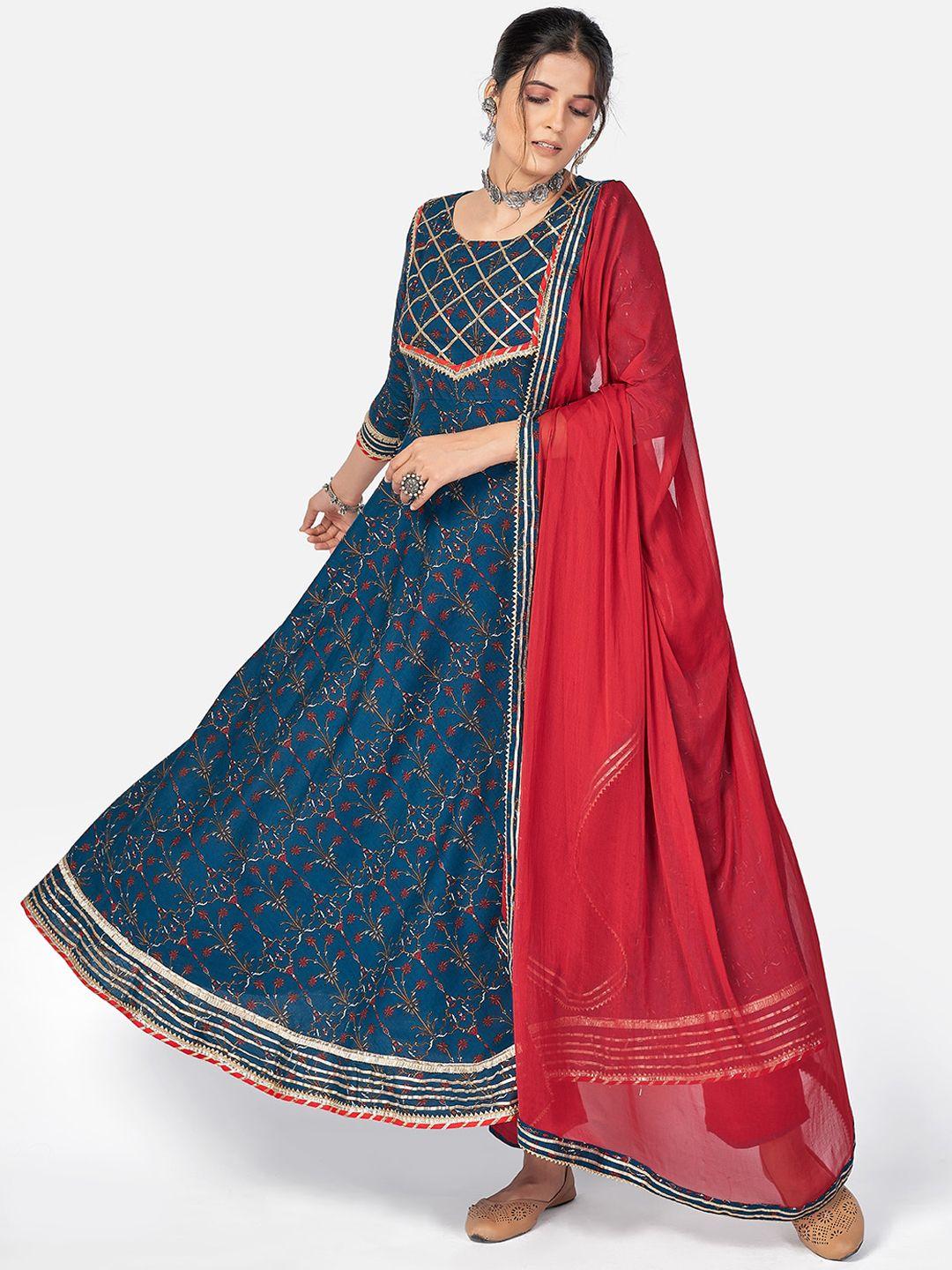 vbuyz women blue ethnic motifs striped regular gotta patti pure cotton kurta with palazzos & with dupatta