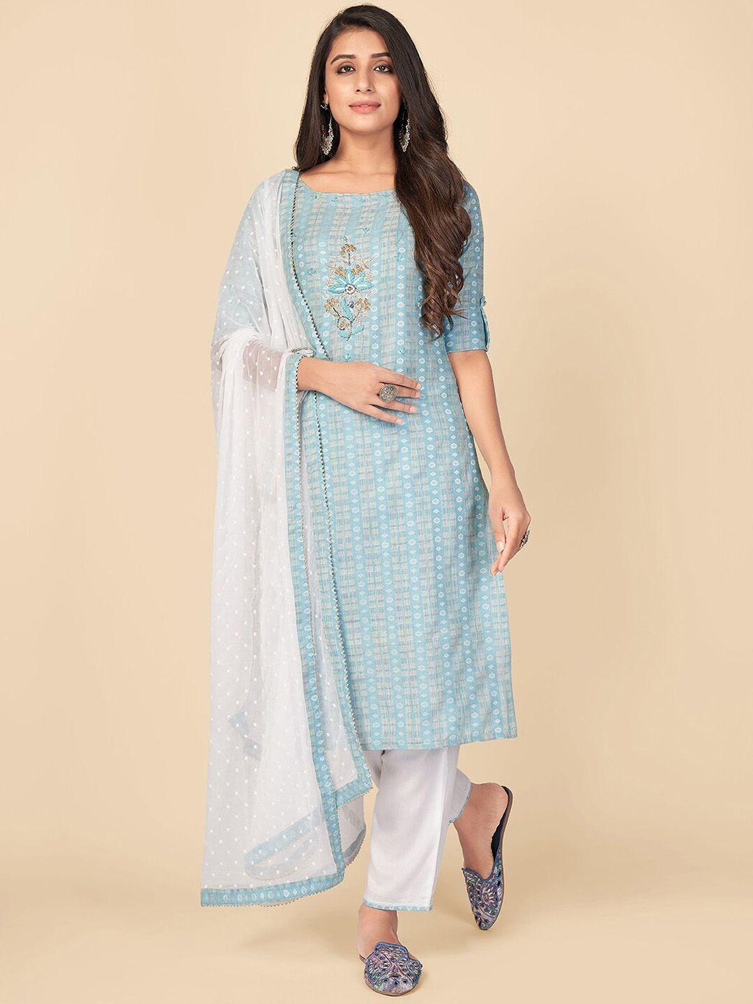 vbuyz women blue floral embroidered pure cotton kurta with trousers & with dupatta