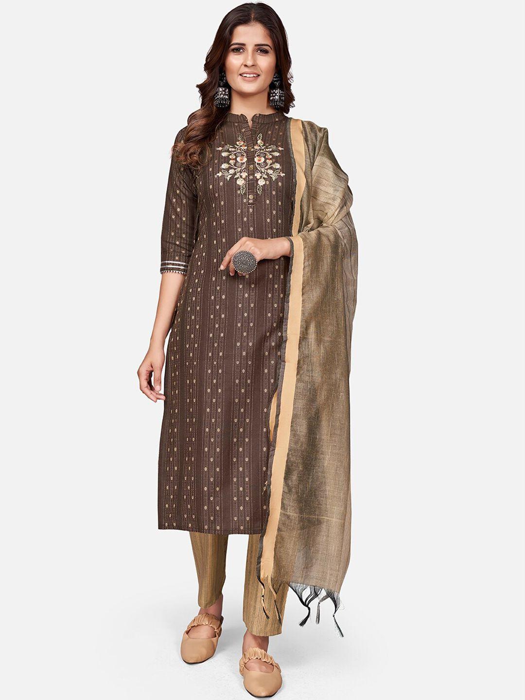 vbuyz women brown embroidered kantha work kurta with trousers & with dupatta