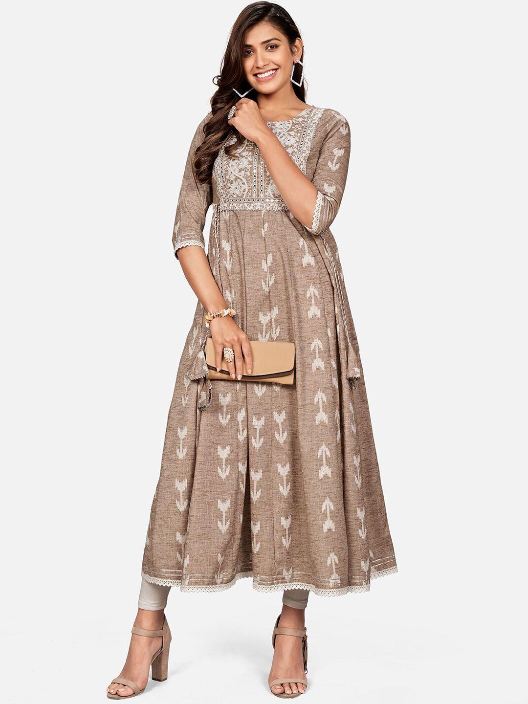 vbuyz women brown ethnic motifs embroidered anarkali kurta