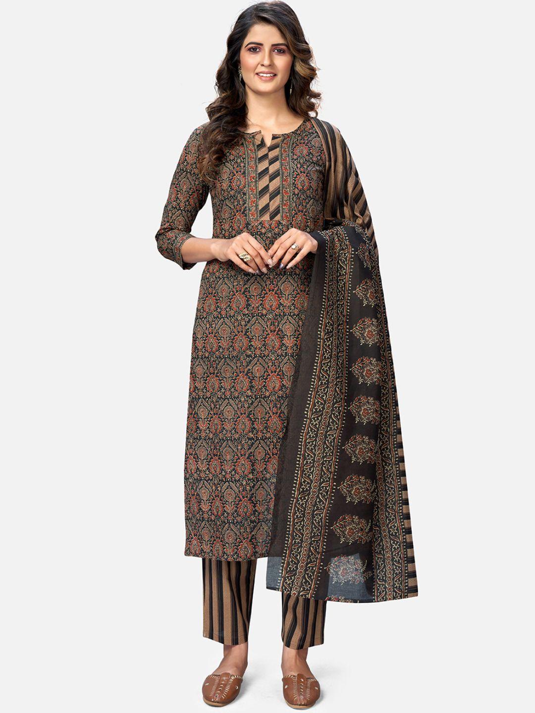 vbuyz women brown ethnic motifs printed regular a-line keyhole neck kurta & trousers