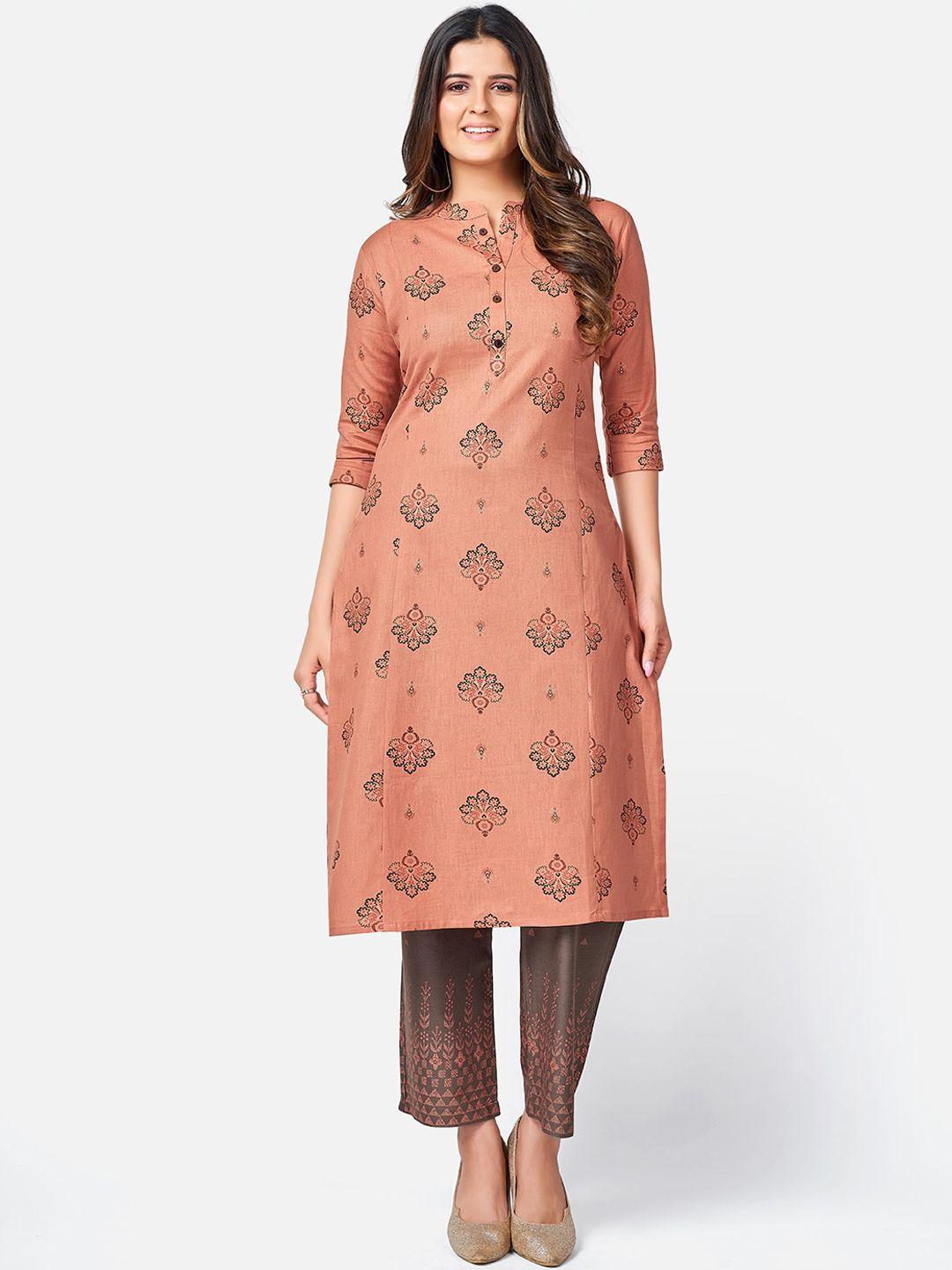 vbuyz women brown floral kurta with trousers