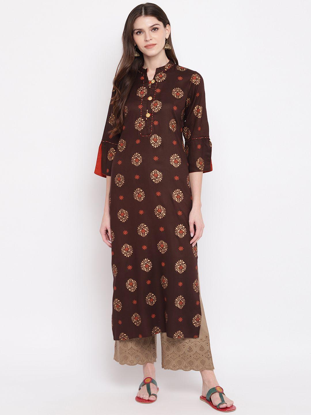 vbuyz women brown printed straight kurta