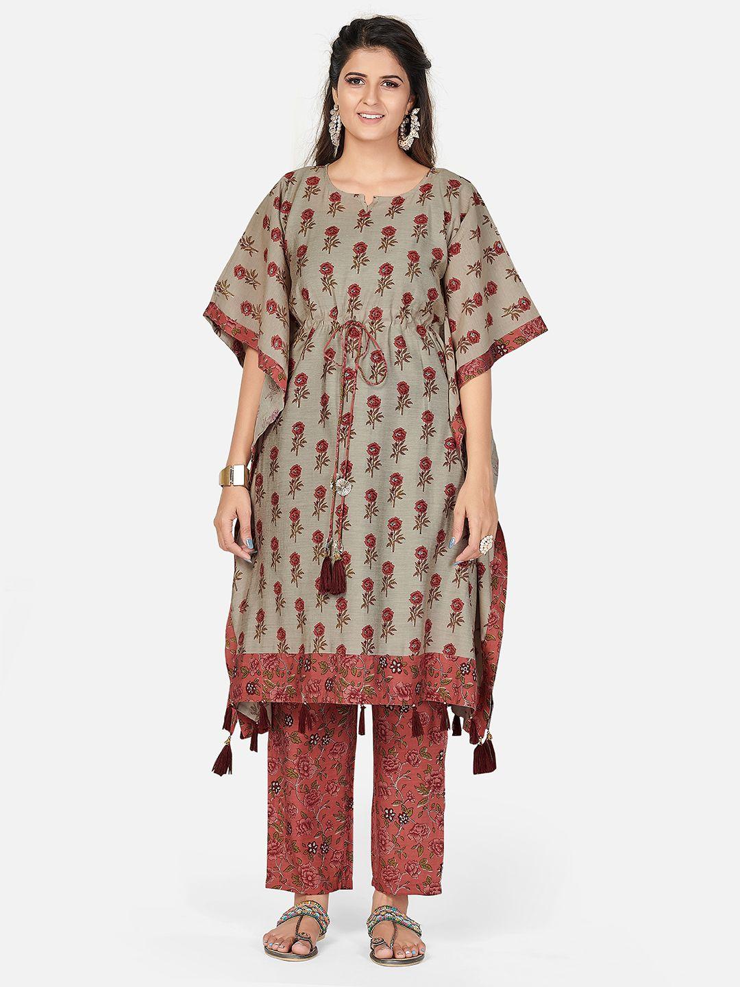 vbuyz women coral floral printed kaftan chanderi cotton kurta with trousers